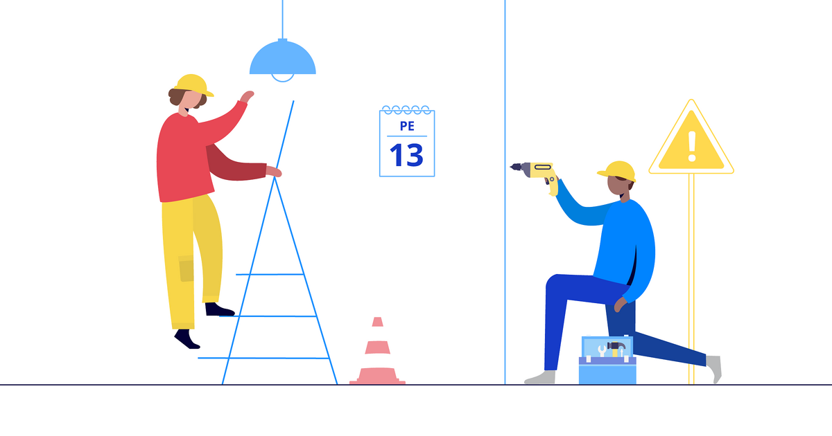 Kaksi piirrettyä hahmoa, toinen vaihtamassa lamppua ja toinen poraamassa seinää, taustalla kalenterissa perjantai 13. päivä.