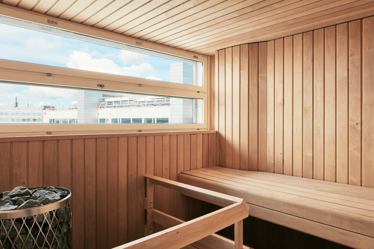 Valimo Parkin pieni sauna, jossa sähkökiuas ja maisema ikkunasta kattojen ylle.