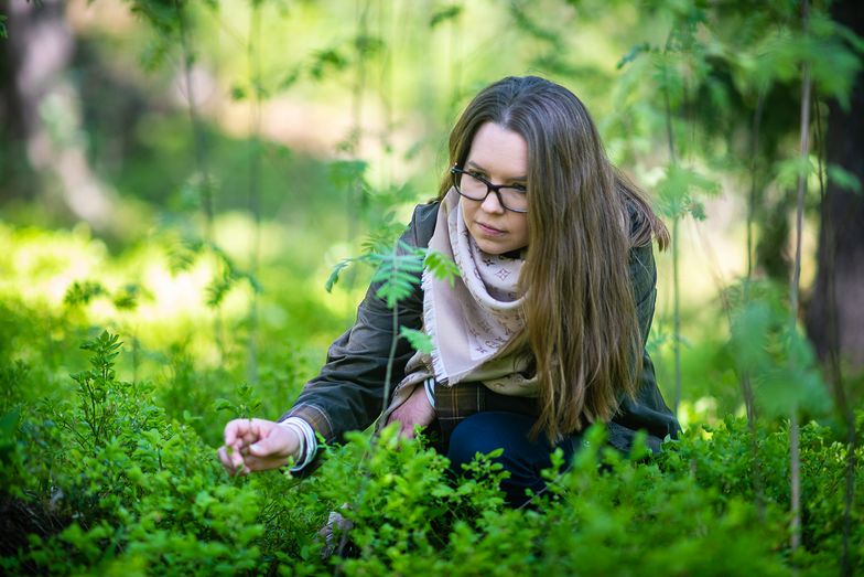ISS:n Hanna Bradley kumartuneena tutkimaan luontoa aurinkoisessa metsässä.